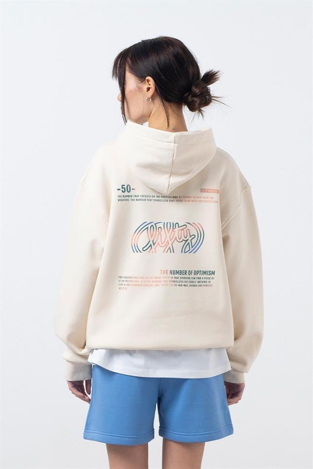 Kadın Kum Oversize Sırt Baskılı Hoodie