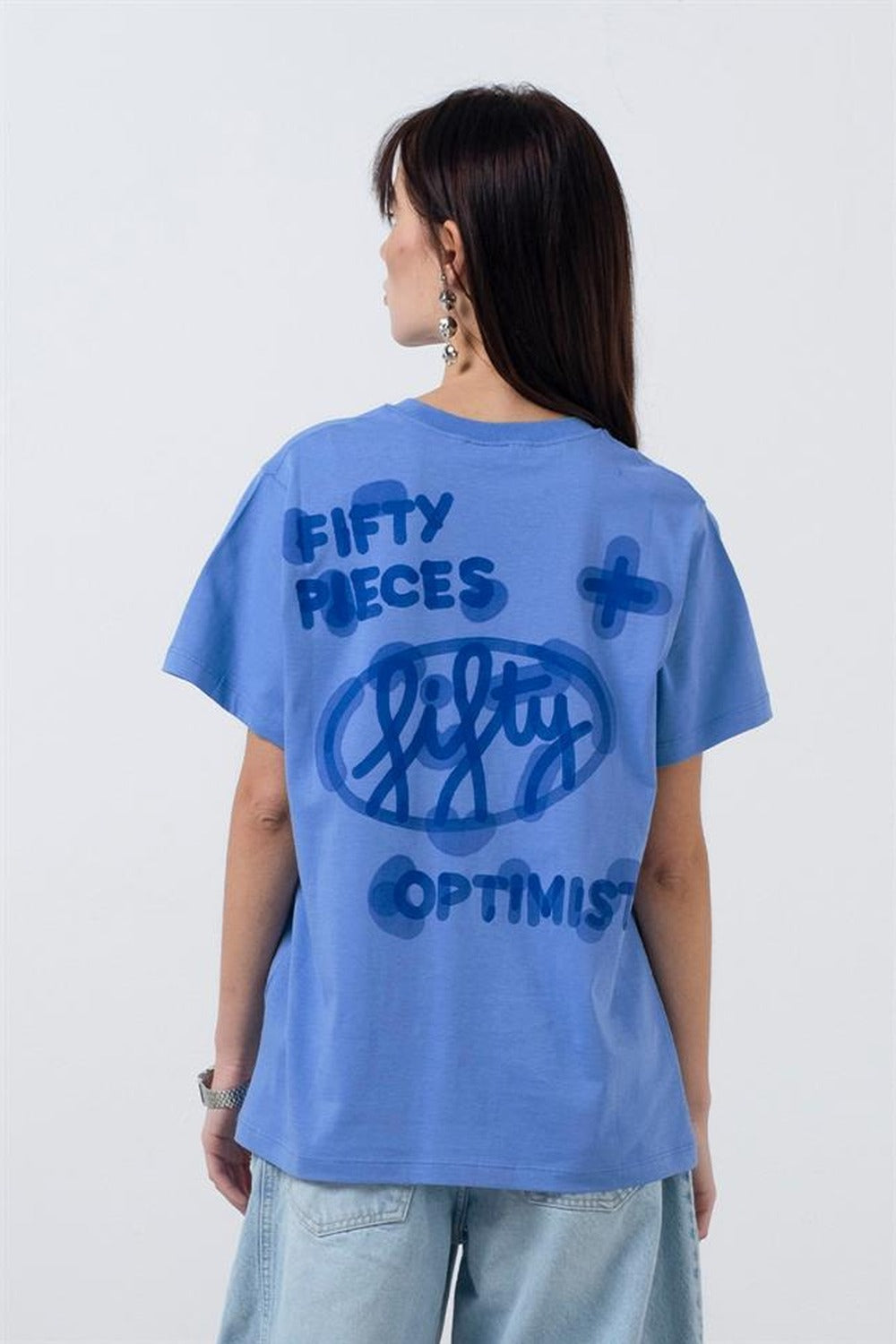 Kadın Mavi Loose Fit Sırt Baskılı T-Shirt