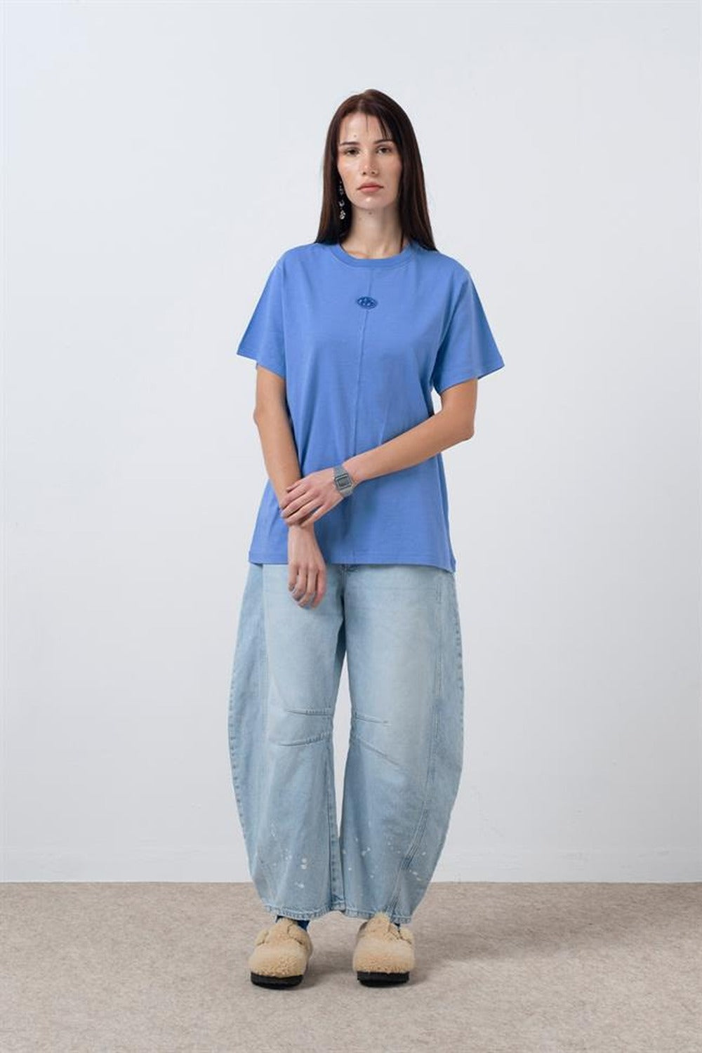 Kadın Mavi Loose Fit Sırt Baskılı T-Shirt