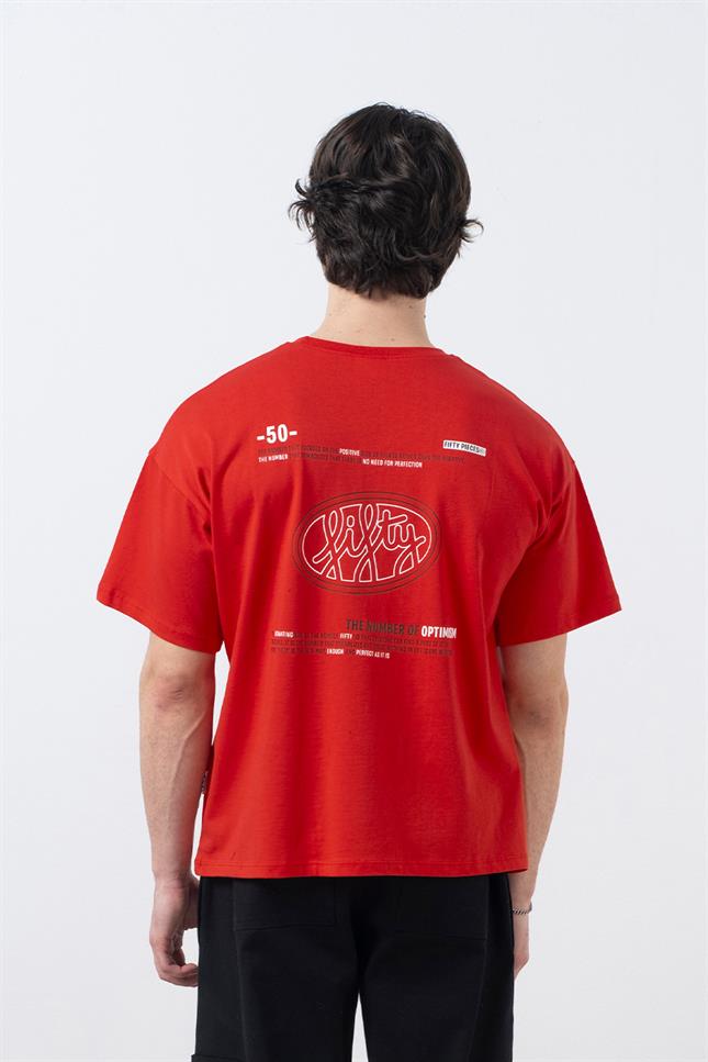 Fifty Pieces-Kırmızı Düşük Omuzlu Sırt Baskılı T-Shirt-T-Shirts-3-Milagron.com