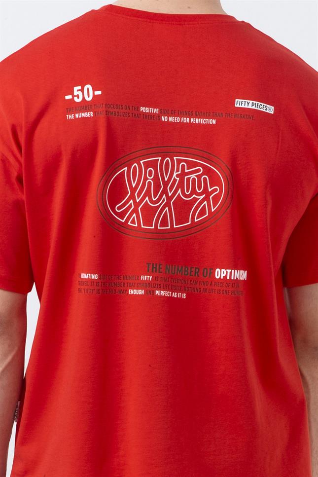 Fifty Pieces-Kırmızı Düşük Omuzlu Sırt Baskılı T-Shirt-T-Shirts-4-Milagron.com