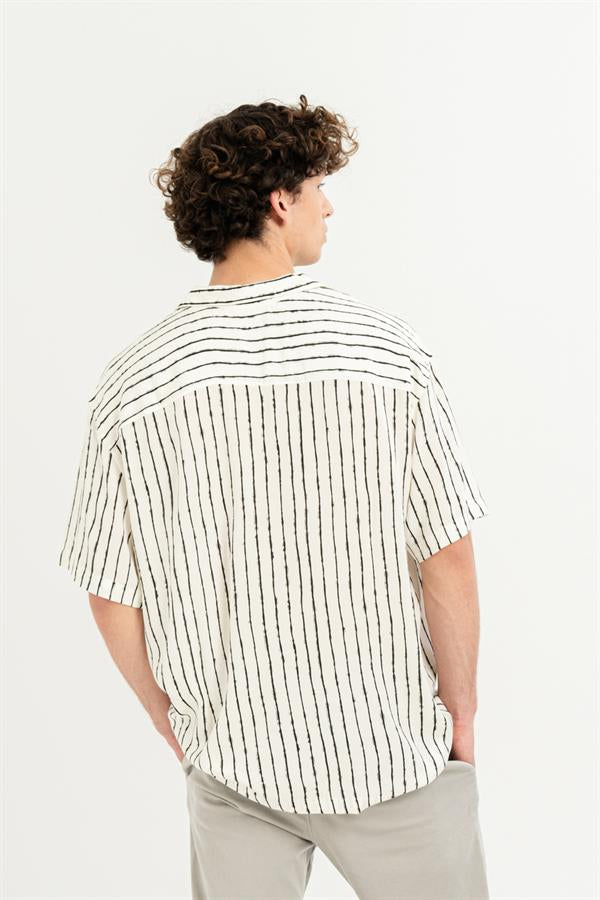 GMG Firenze-Apaj Yaka %100 Viscon Kısa Kol çizgili Erkek Gömlek-Summer'25-5-Milagron.com