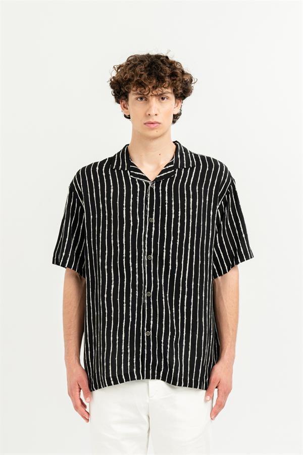 GMG Firenze-Apaj Yaka %100 Viscon Kısa Kol çizgili Erkek Gömlek-Summer'25-6-Milagron.com