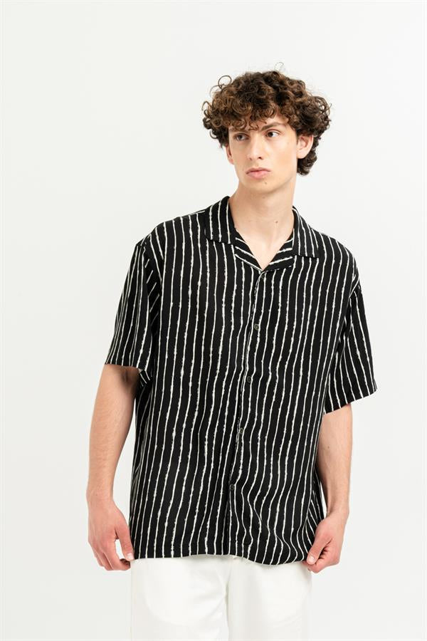 GMG Firenze-Apaj Yaka %100 Viscon Kısa Kol çizgili Erkek Gömlek-Summer'25-8-Milagron.com