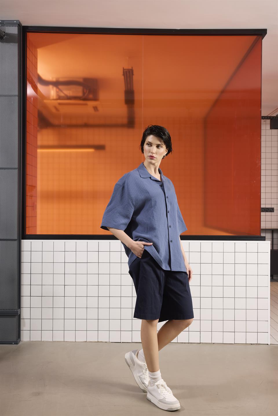 Apaj Yaka Çizgili Oversize Modal Gömlek