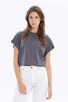 Bisiklet Yaka Çizgi Detaylı Oversize Yarasa Kol Kadın T-Shirt