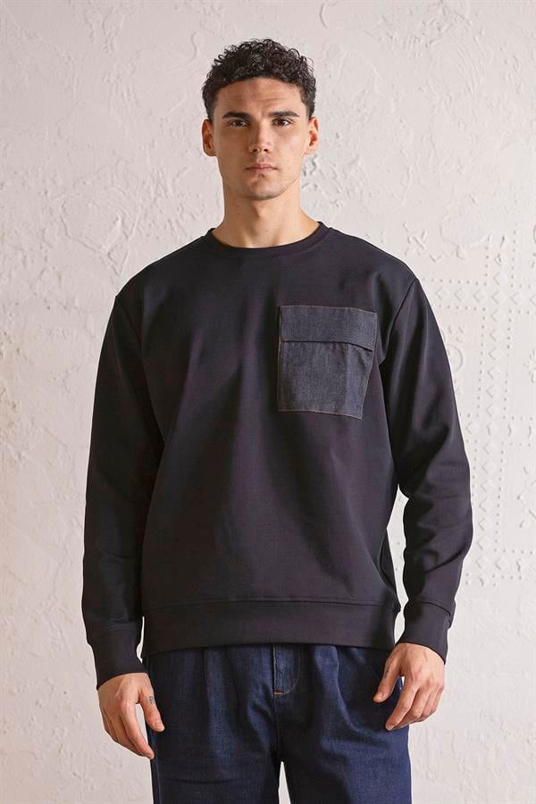 GMG Firenze-Bisiklet Yaka Denim Cepli Erkek Sweatshirt-SWEATSHIRT-4-Milagron.com