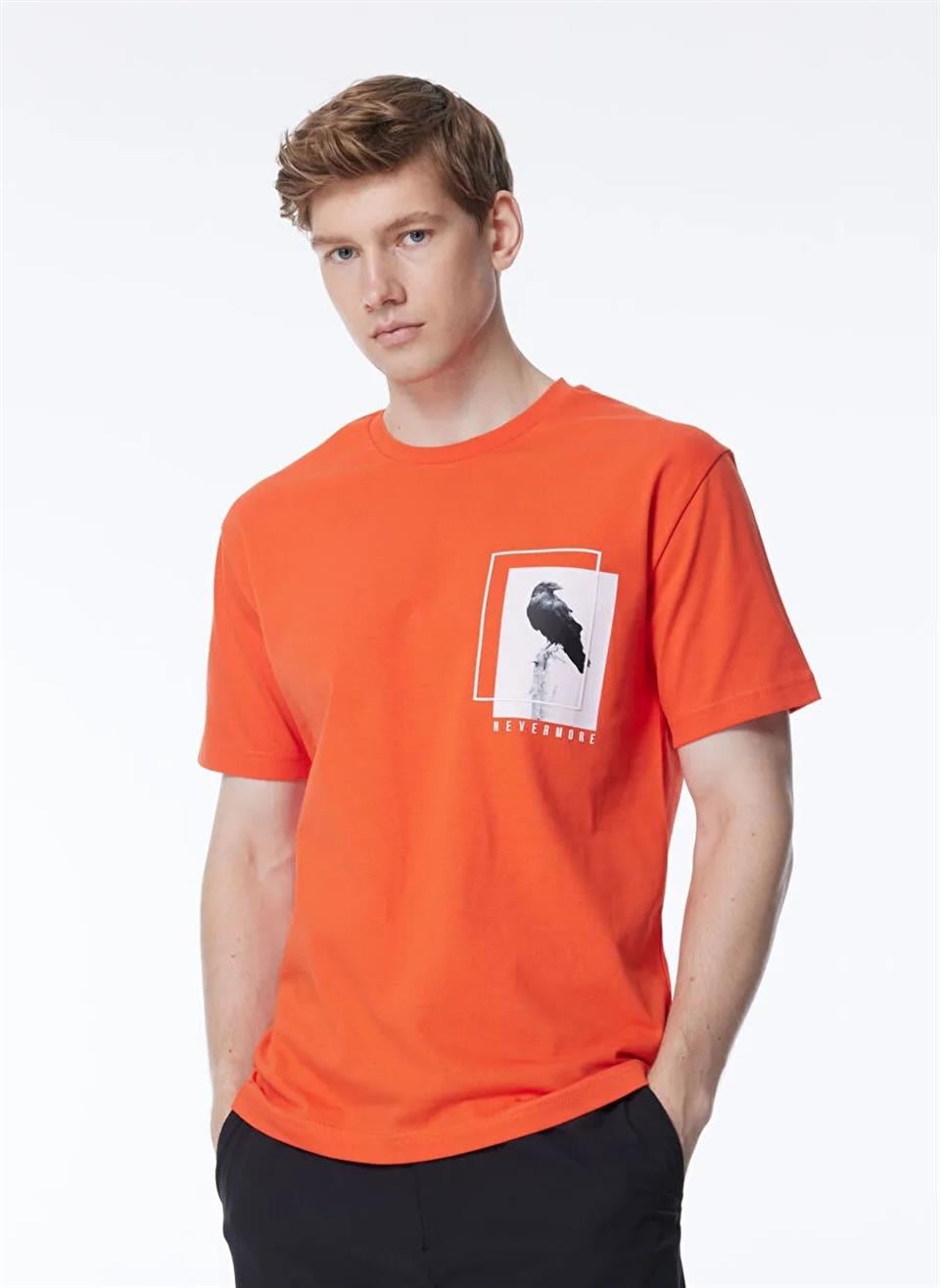 Bisiklet Yaka Göğsü Baskılı %100 Pamuk Oversize Erkek T-Shirt