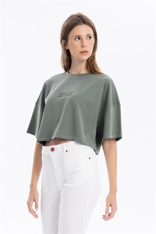 Bisiklet Yaka Ön Flexi Baskılı Kadın Crop