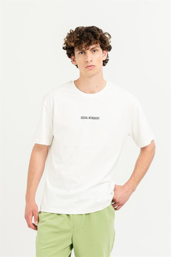 Bisiklet Yaka Sırtı Baskılı %100 Pamuk Oversize Erkek T-Shirt