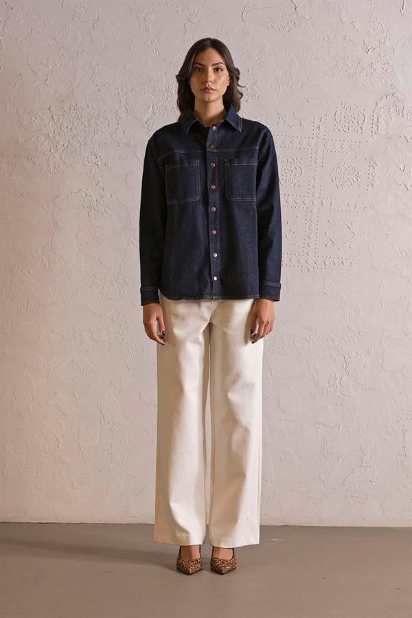 GMG Firenze-Oversize Çıtçıtlı Denim Kadın Gömlek-DENİM GÖMLEK-2-Milagron.com