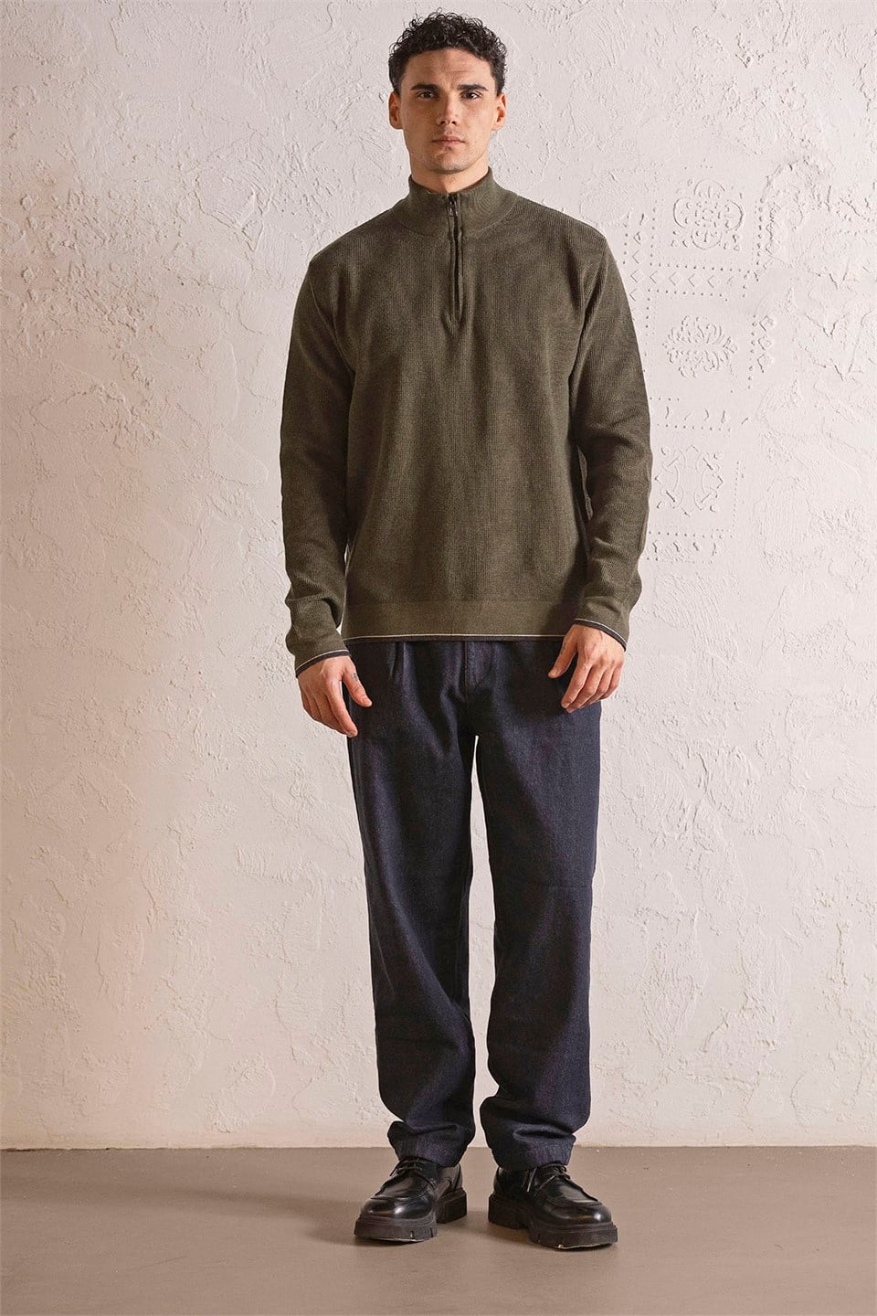 GMG Firenze-Dik Yaka Petek Jakarlı Fermuarlı Erkek Kazak-Sweatshirts & Hoodies-1-Milagron.com