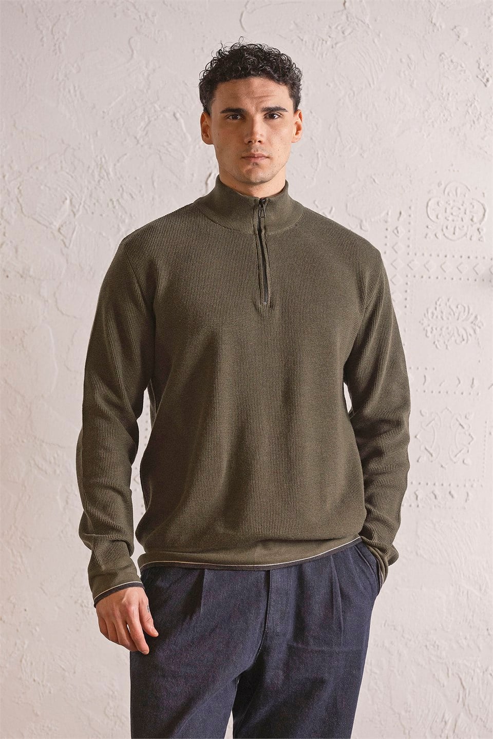 GMG Firenze-Dik Yaka Petek Jakarlı Fermuarlı Erkek Kazak-Sweatshirts & Hoodies-4-Milagron.com