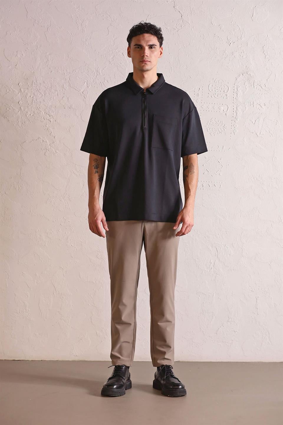 Polo Yaka Patı Fermuarlı Cepli Erkek T-Shirt