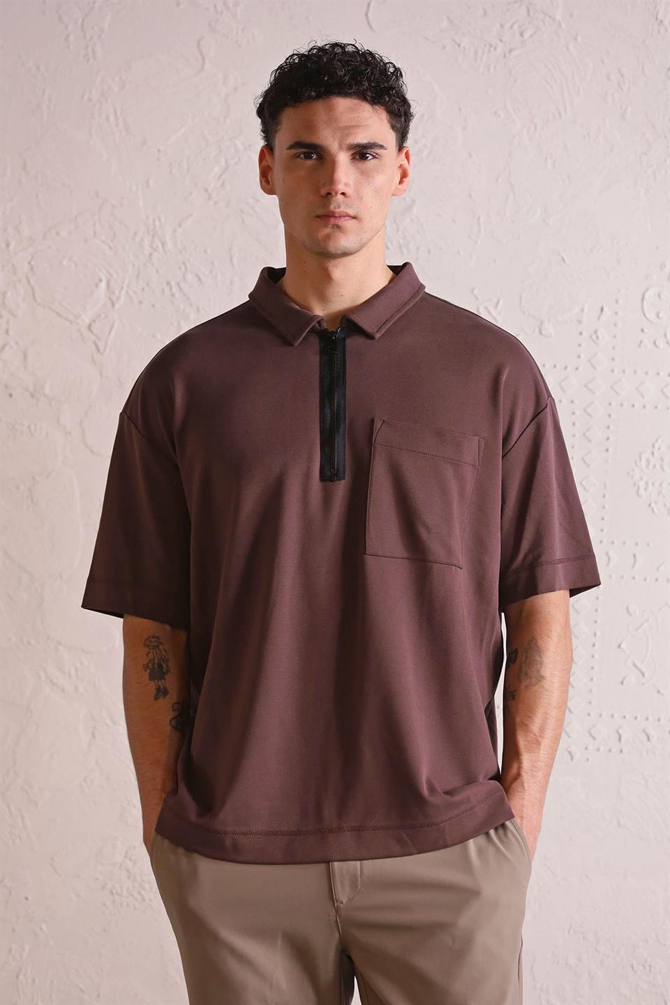 Polo Yaka Patı Fermuarlı Cepli Erkek T-Shirt