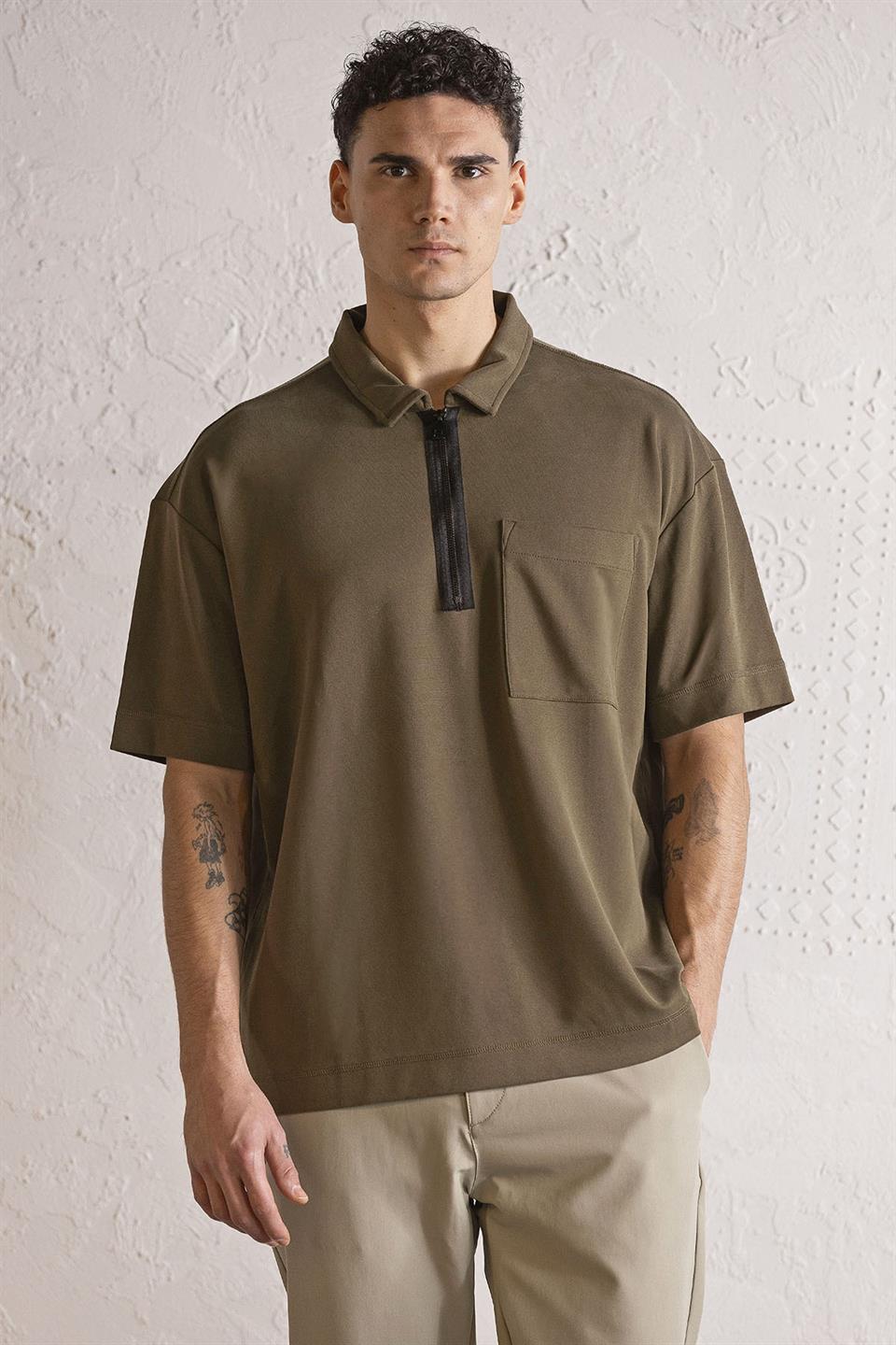 Polo Yaka Patı Fermuarlı Cepli Erkek T-Shirt