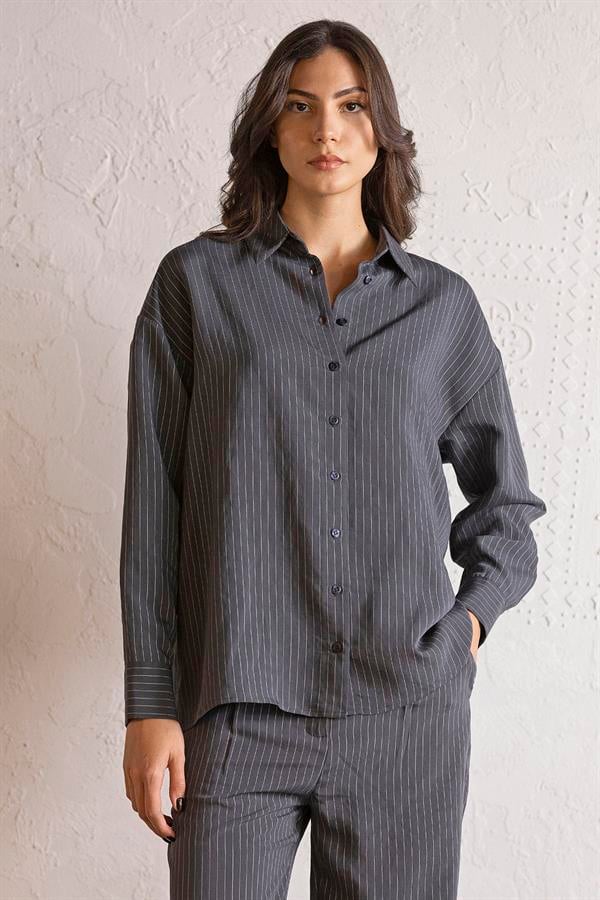GMG Firenze-Regular Fit Çizgili Kadın Gömlek-GÖMLEK-4-Milagron.com