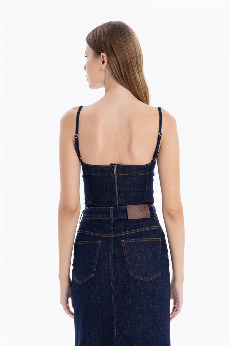 Yüksek Bel Cepli Yırtmaçlı Kadın Denim Etek