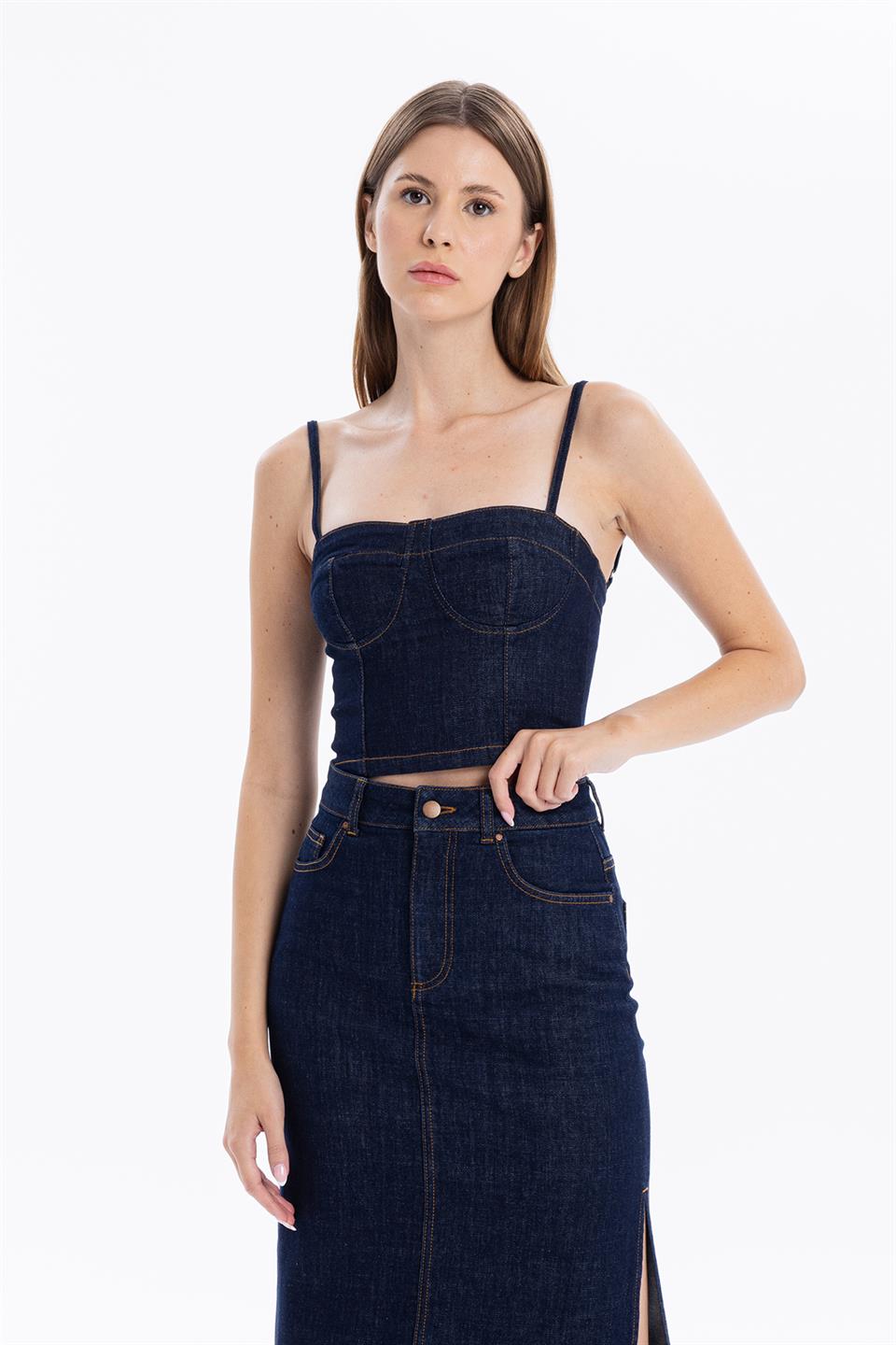 Yüksek Bel Cepli Yırtmaçlı Kadın Denim Etek