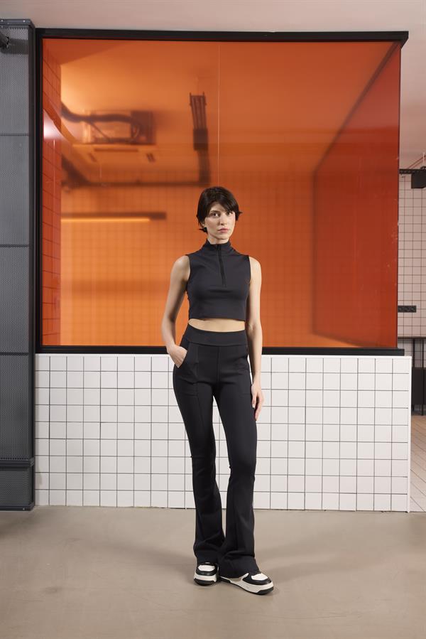 GMG Firenze-Yüksek Bel İspanyol Paçası Fermuarlı örme Kadın Tayt Pantolon-Activewear-1-Milagron.com