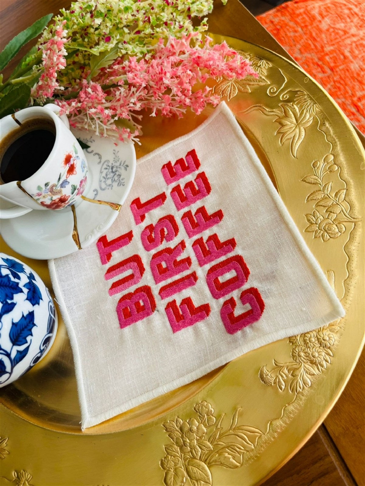 But First Coffee Desenli Kokteyl Peçete - 1 Adet Pembe Turuncu