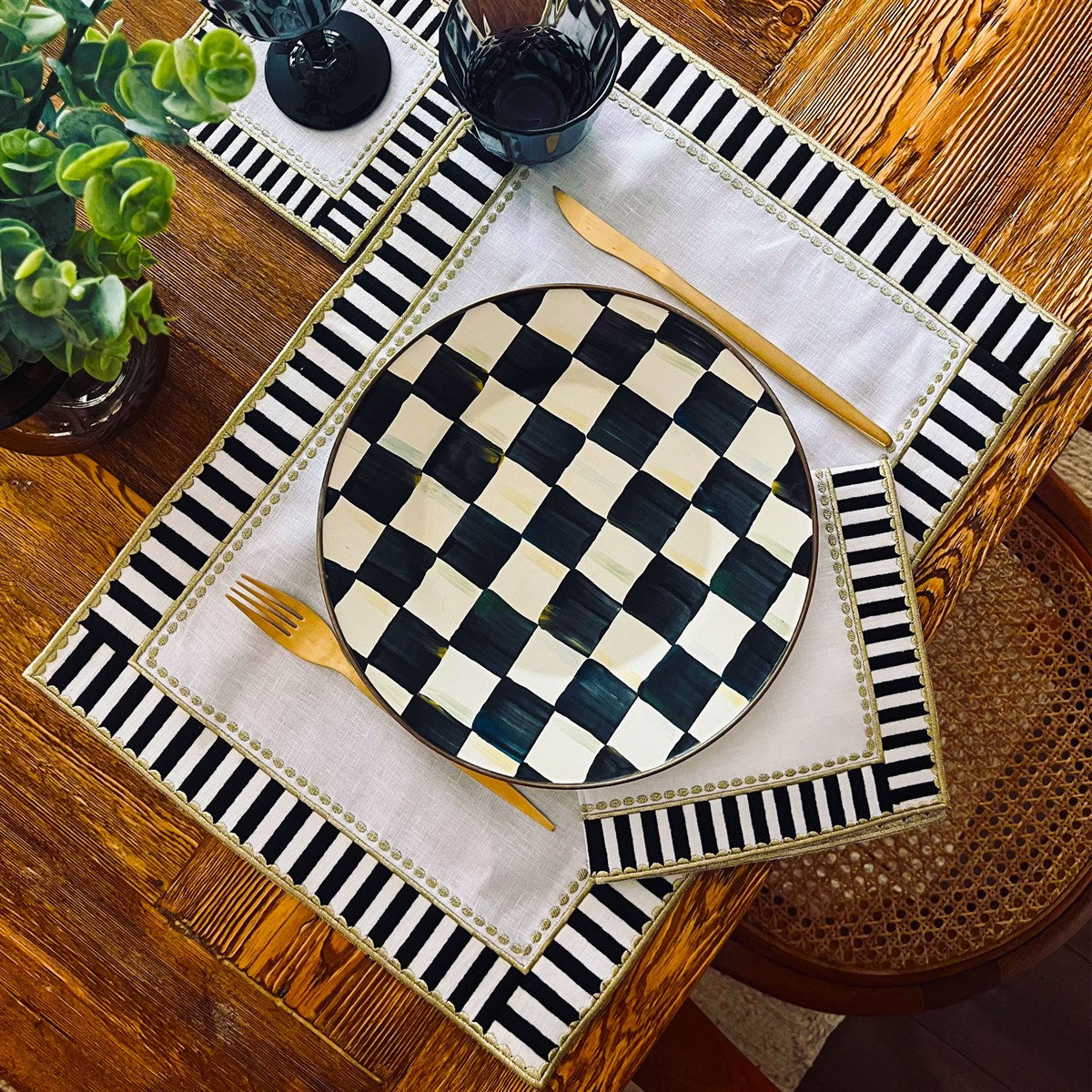 Siyah Beyaz Damalı Keten Servis Peçetesi - 2 Adet