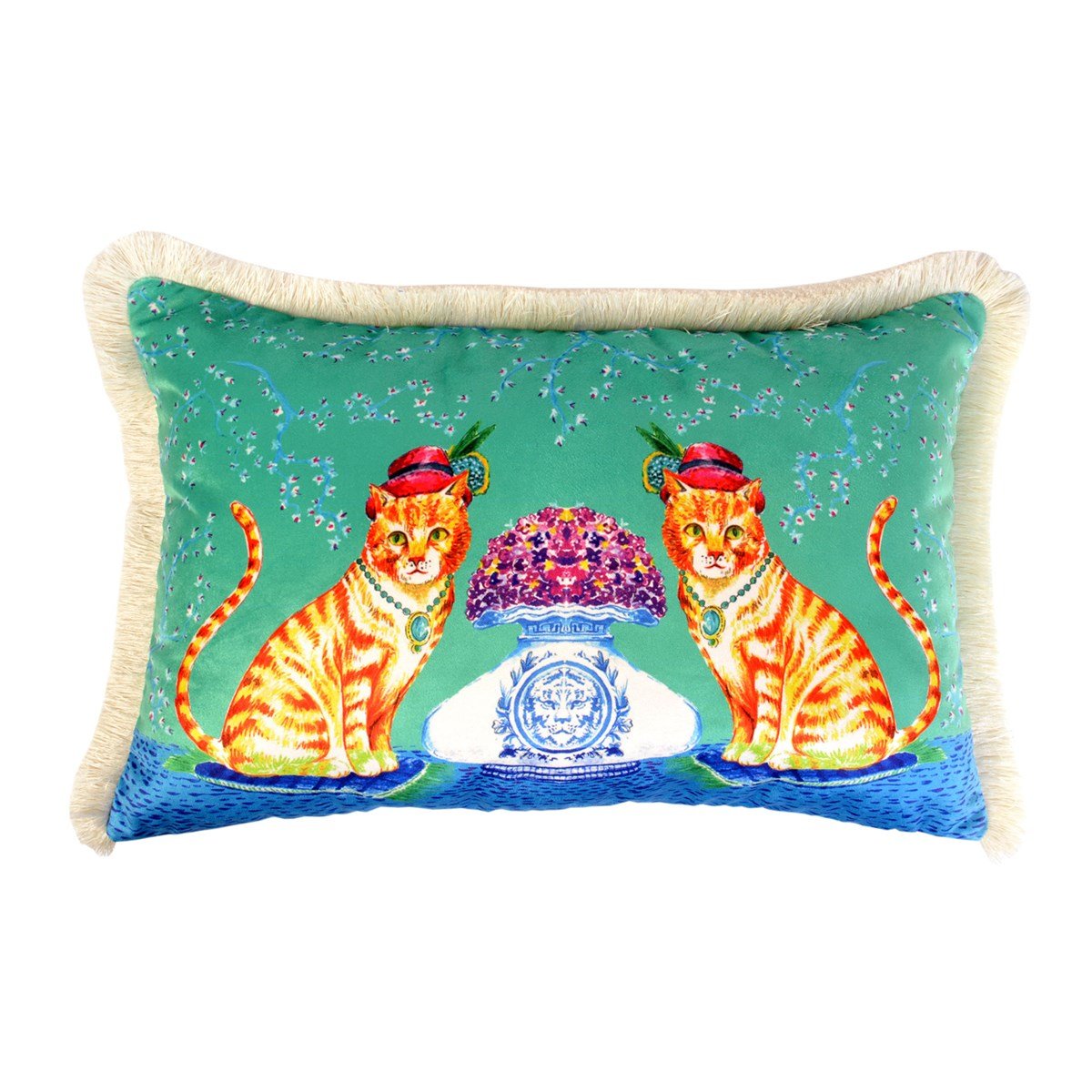 Dekoratif Kedi Desenli Su Yeşili Kadife Kırlent Kılıfı ( 40 x 60 cm )