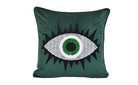 Dekoratif Kirpikli Göz Desenli Pullu Yeşil Kadife Kırlent Kılıfı