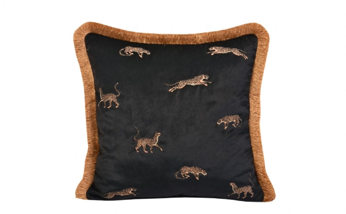 Dekoratif Leopar Desenli Siyah Kadife Kırlent Kılıfı 45 x 45 cm