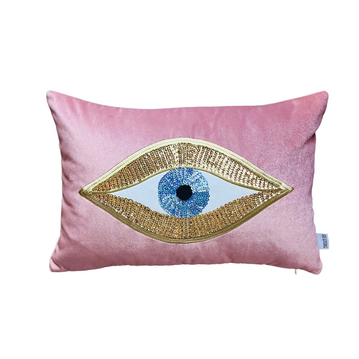 Dekoratif Pullu Göz Desenli Pembe Kadife Kırlent Kılıfı ( 35 cm x 50 cm )