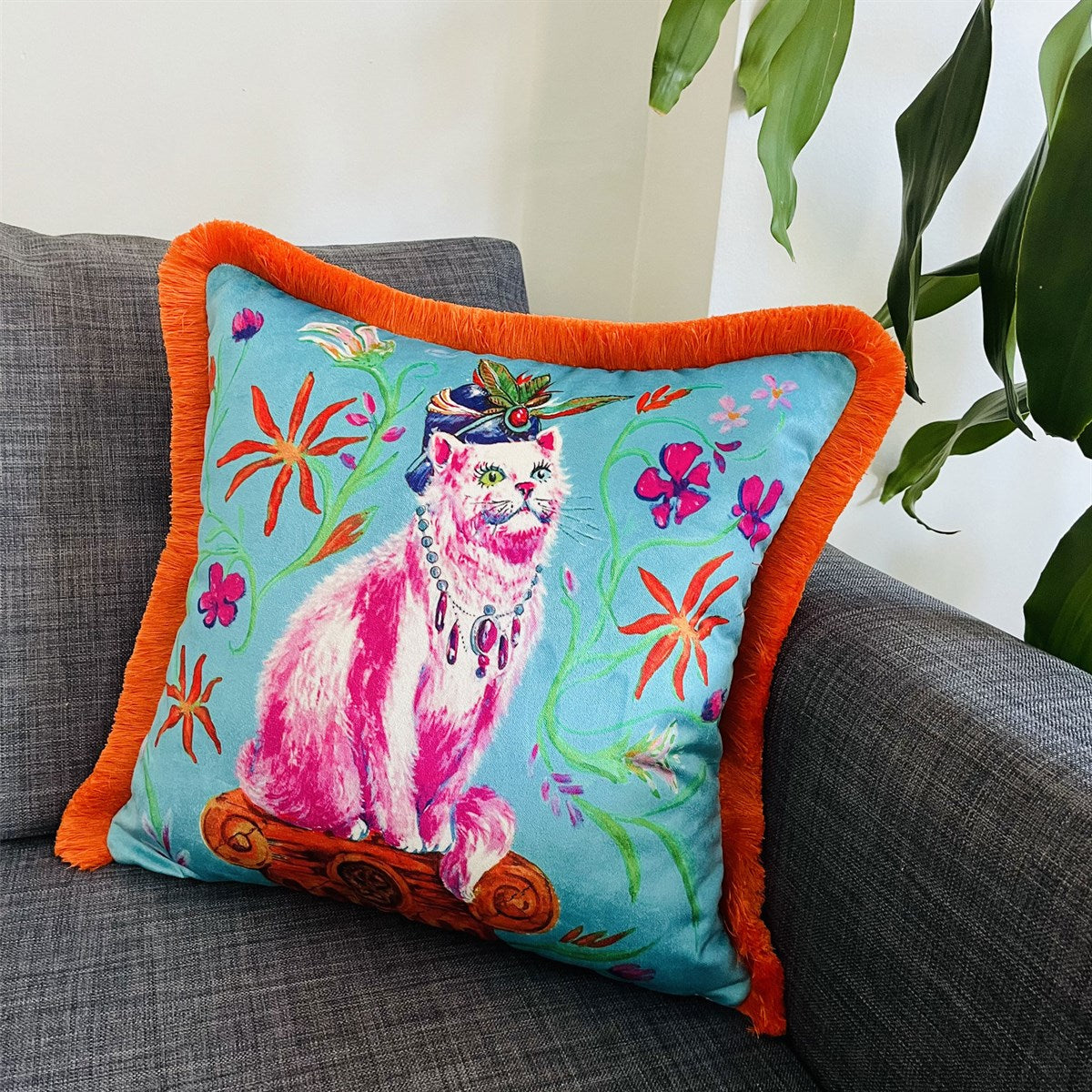 Dekoratif Van Kedisi Desenli Yeşil Kadife Kırlent Kılıfı ( 45 x 45 )