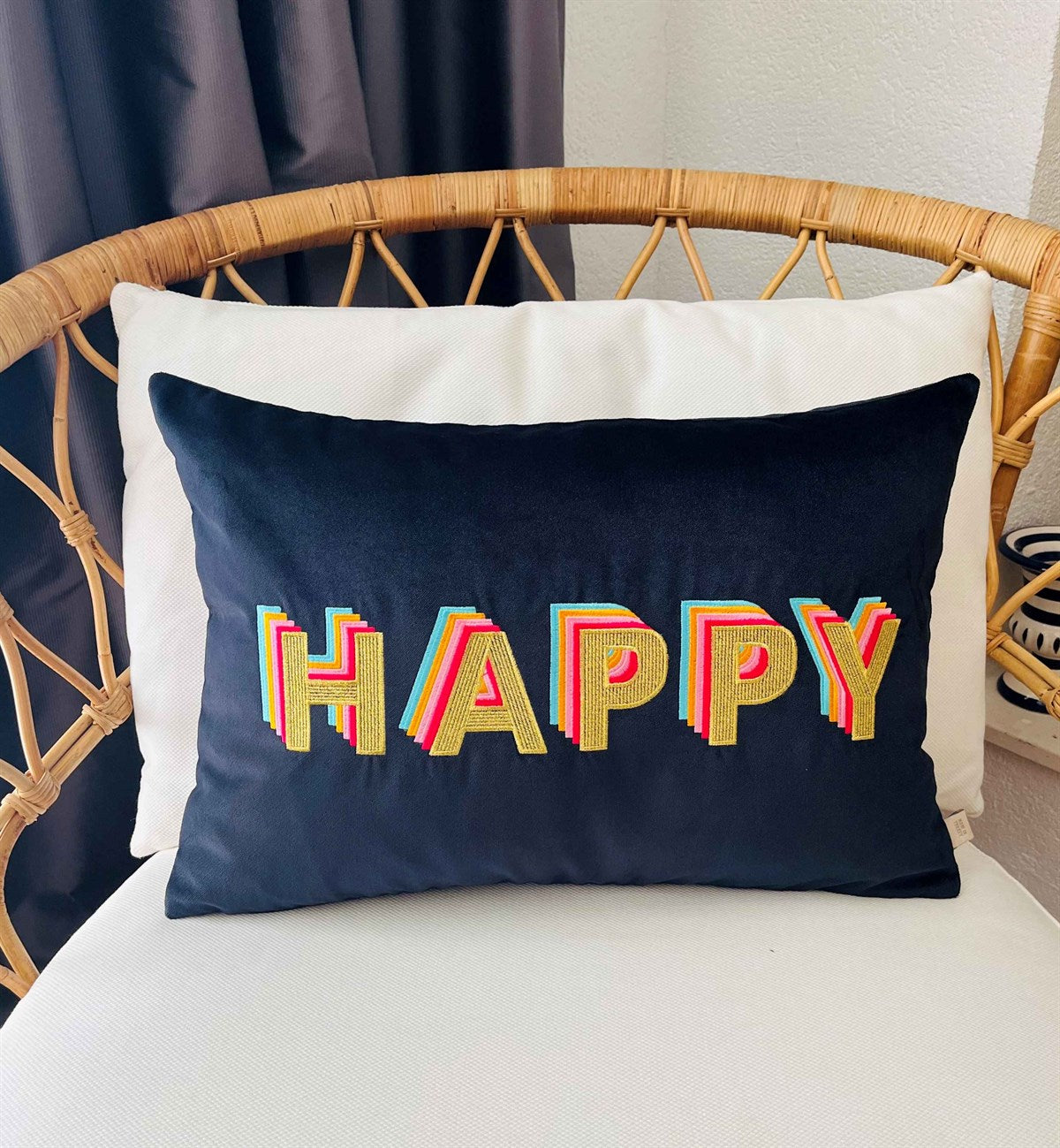 Happy Desenli Lacivert Kadife Dekoratif Kırlent Kılıfı