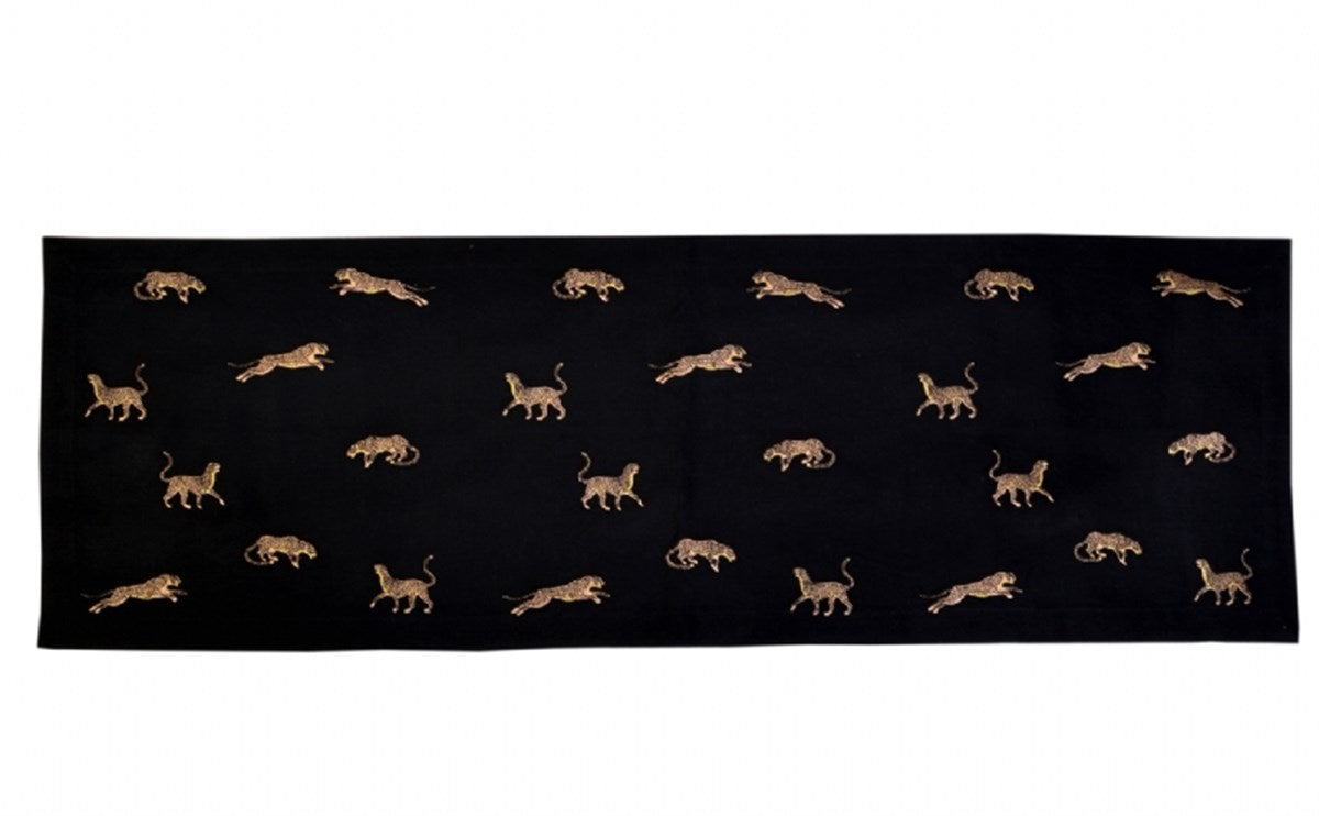 Leopar Desenli Dekoratif Siyah Keten Runner - 40 cm 120 cm