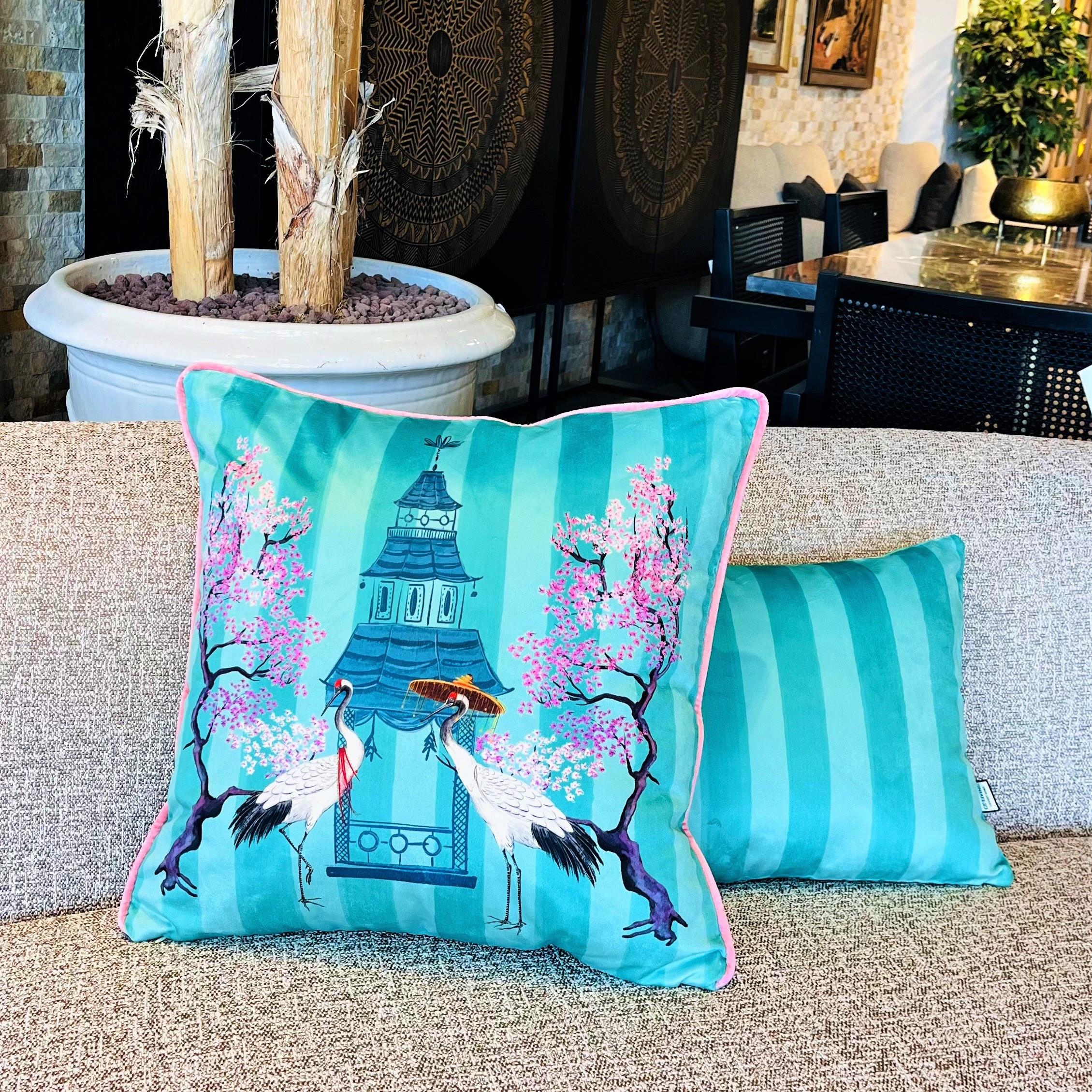 Turkuaz Çizgili Kadife Kırlent Kılıfı ( 35 cm x 50 cm )