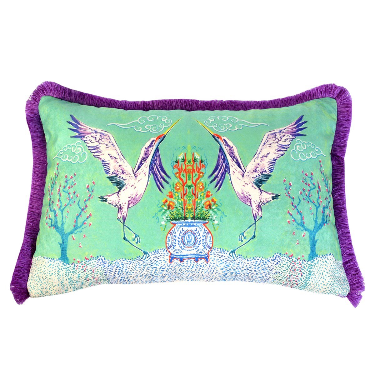 Dekoratif Turna Desenli Su Yeşili Kadife Kırlent Kılıfı ( 40 x 60 cm )