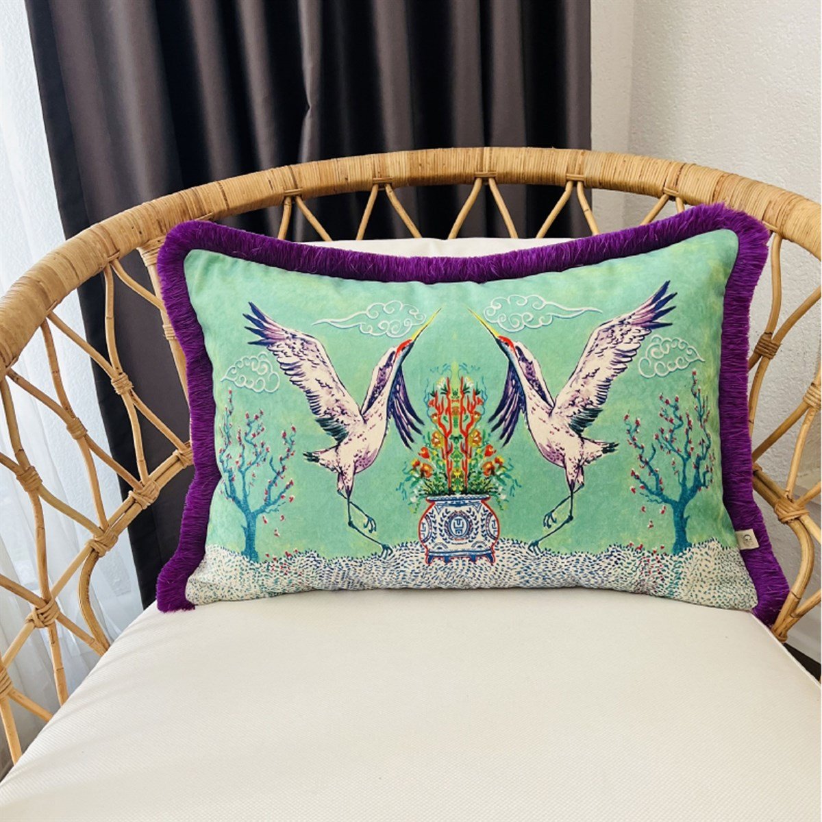 Dekoratif Turna Desenli Su Yeşili Kadife Kırlent Kılıfı ( 40 x 60 cm )