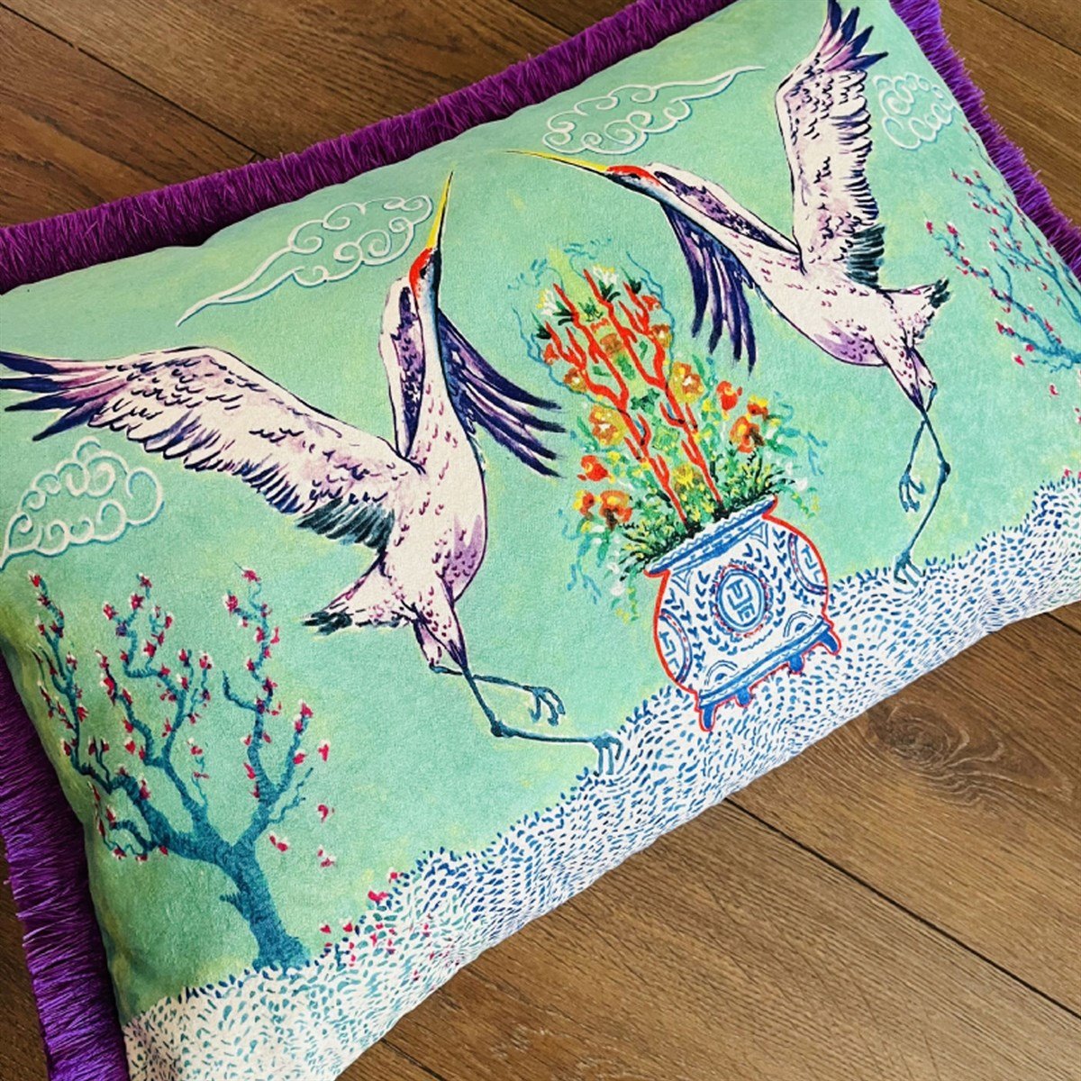 Dekoratif Turna Desenli Su Yeşili Kadife Kırlent Kılıfı ( 40 x 60 cm )