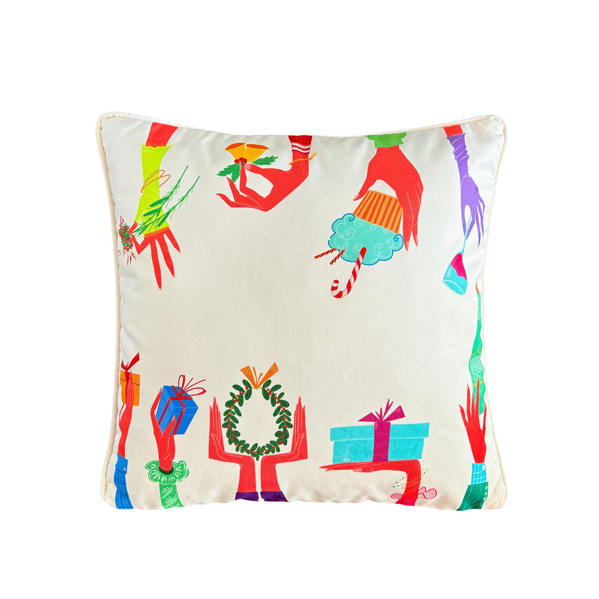 Yılbaşı Temalı Krem Kadife Kırlent Kılıfı 45 x 45