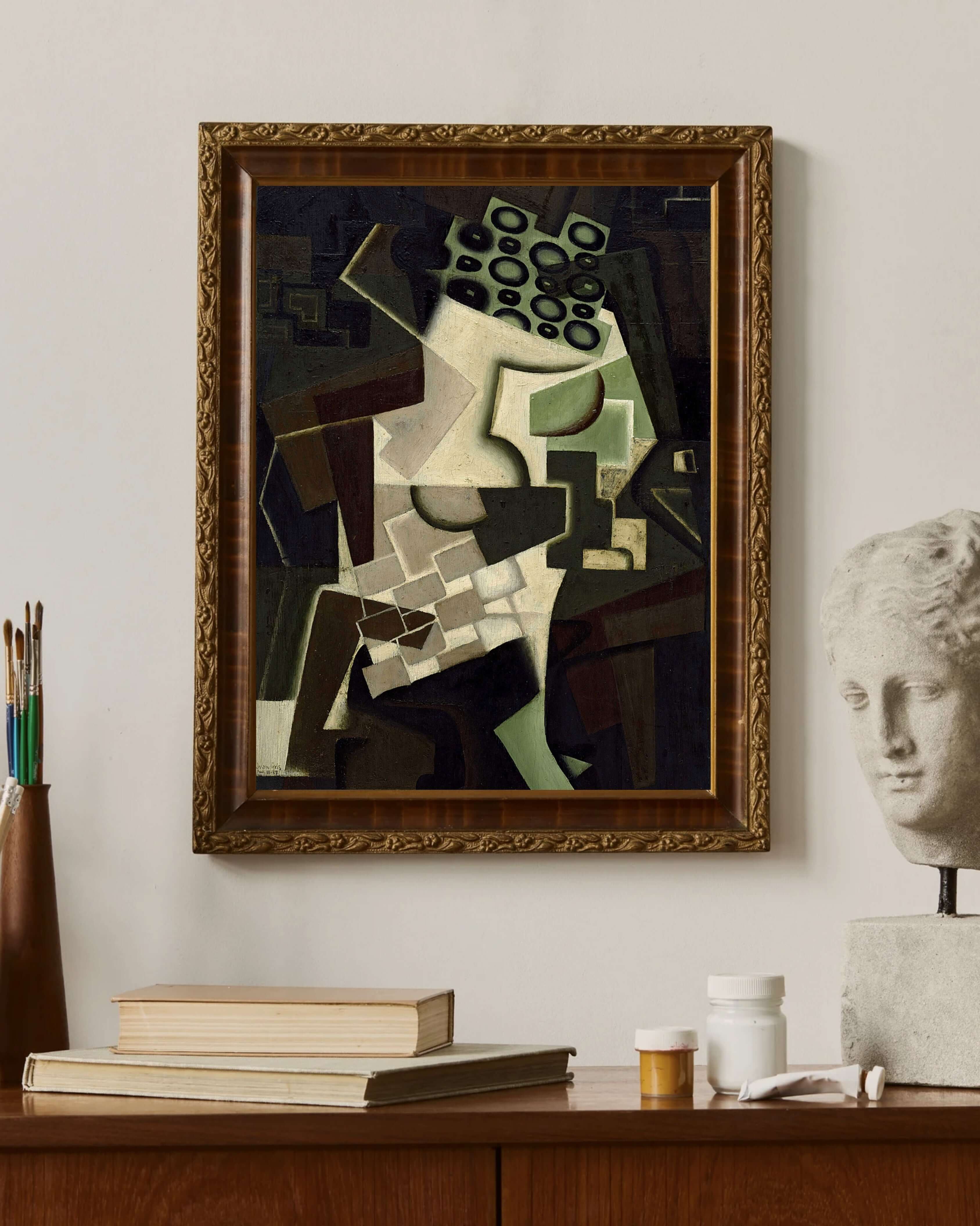 Juan Gris - Kareli Masa Örtüsü Üzerinde Meyve Tabağı