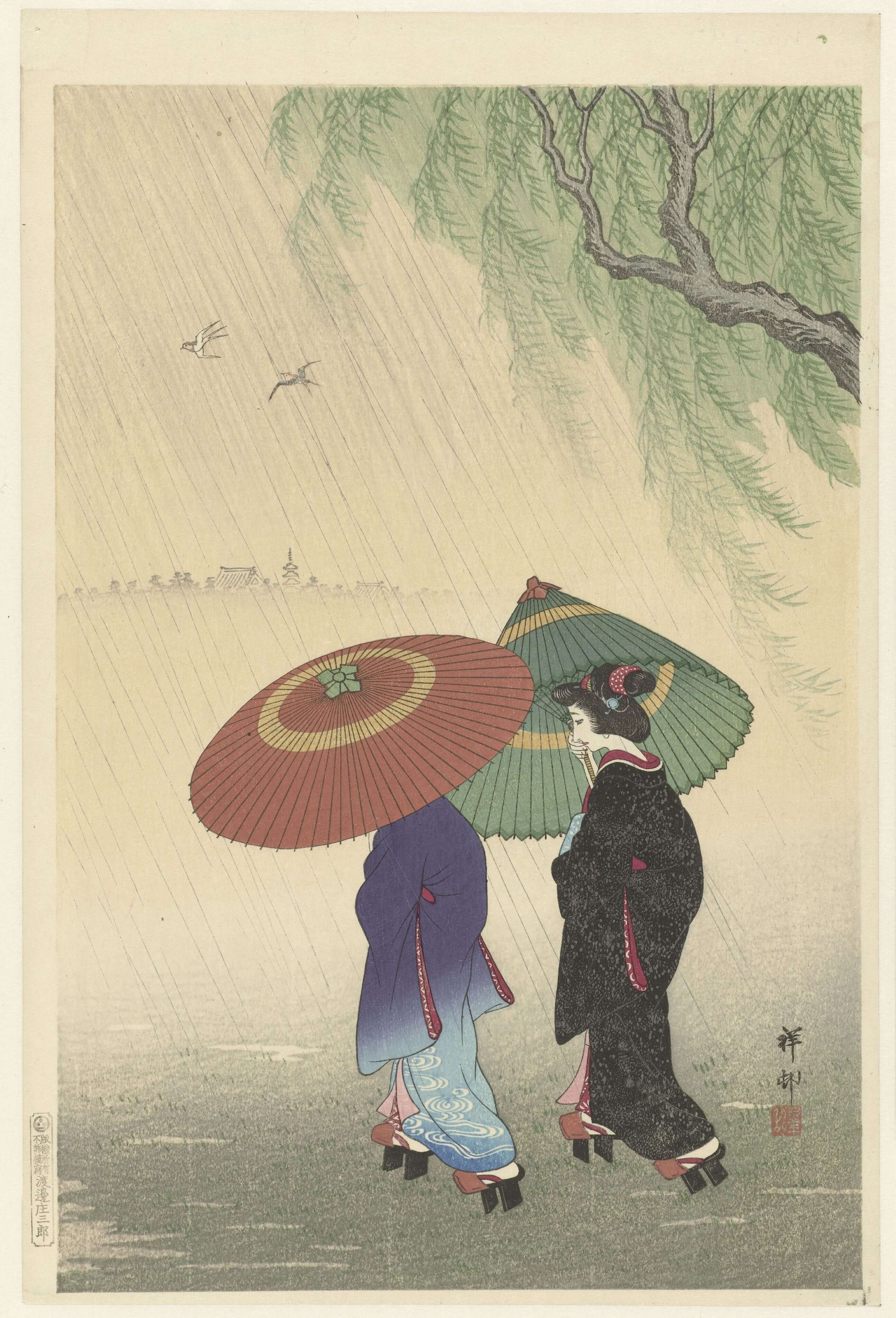 Ohara Koson - Yağmur Altında İKi Kadın