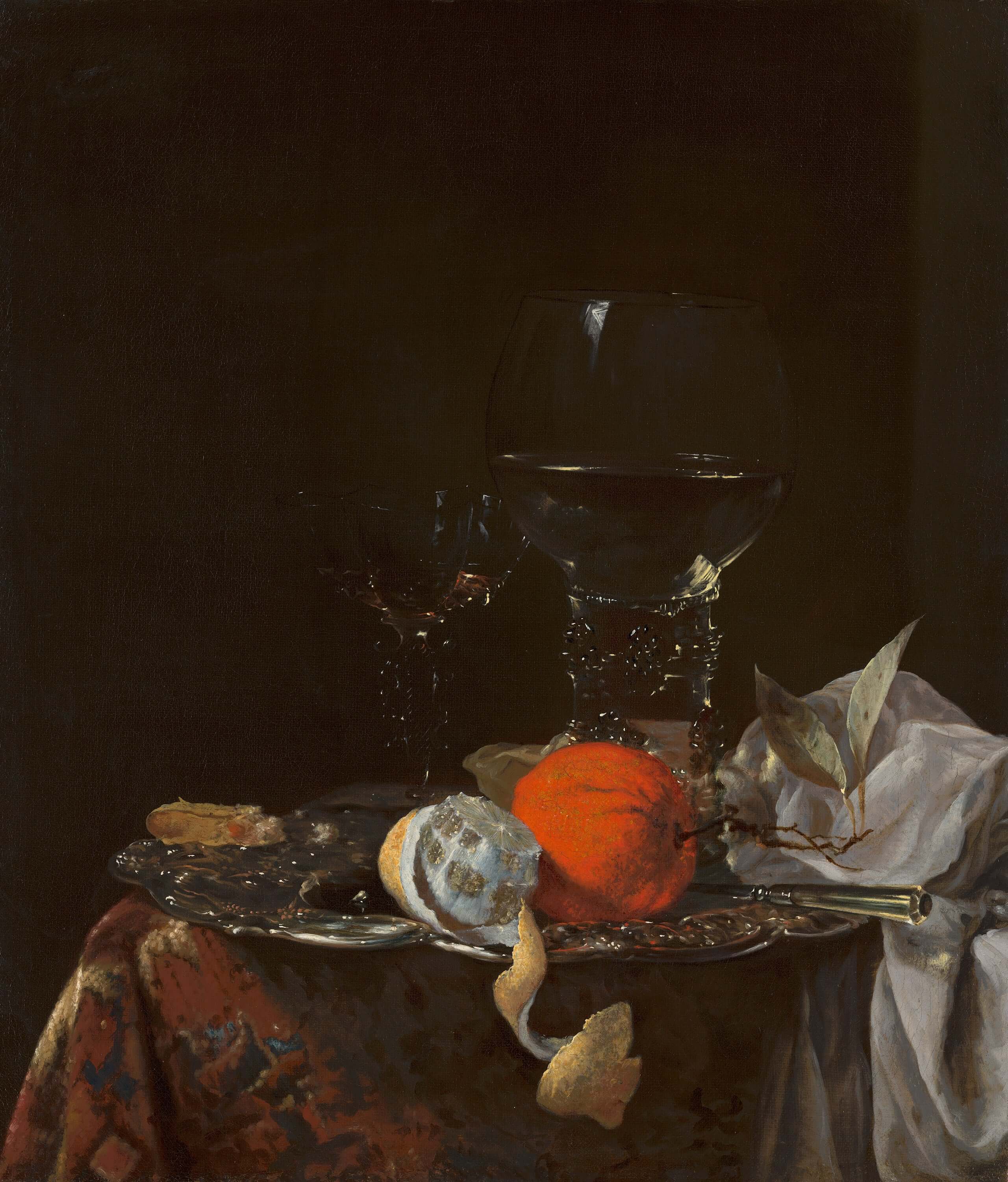 Willem Kalf - Gümüş Tabak Üzerinde Meyve Ve Şarap Kadehleri Ile Natürmort