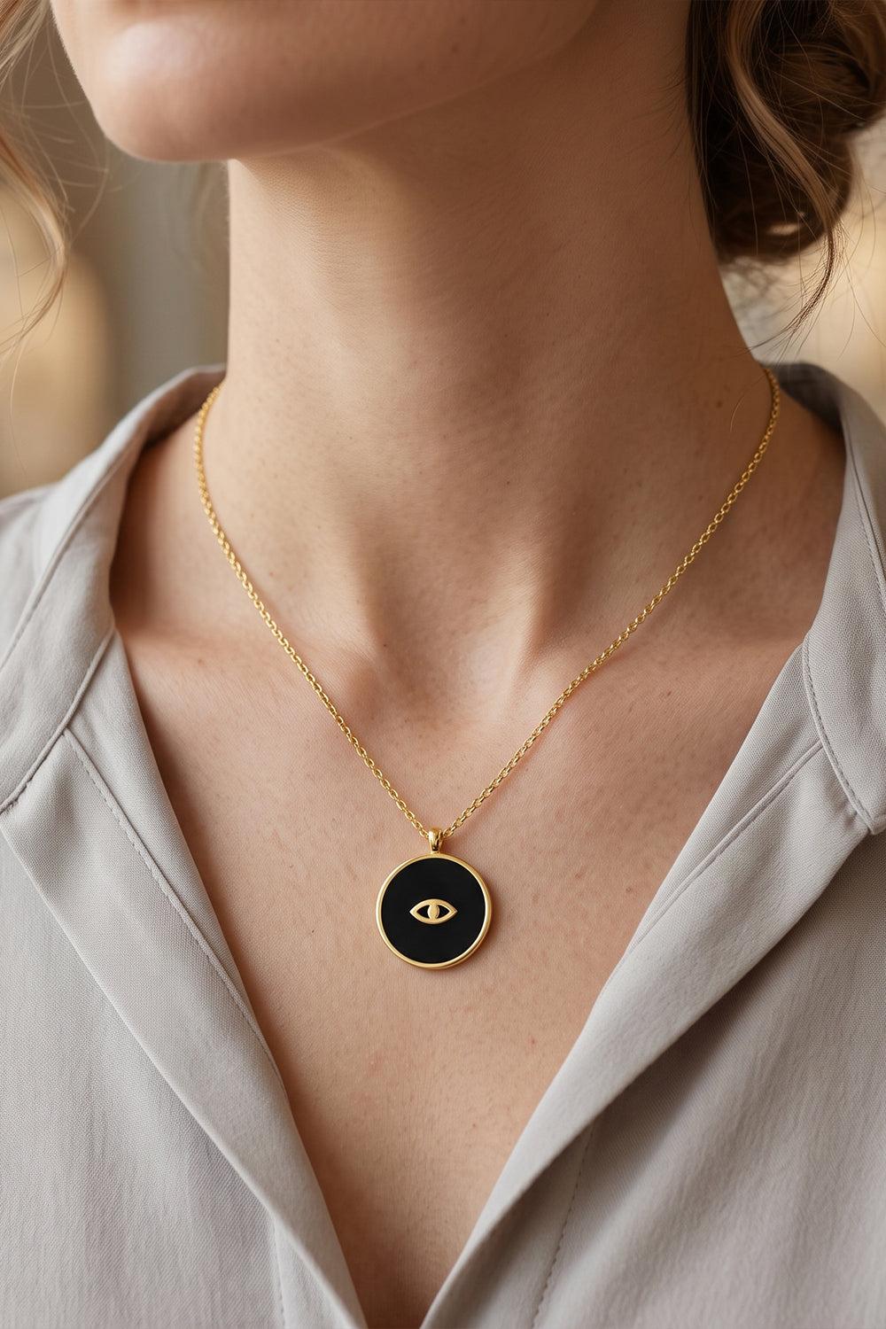 Siyah Mineli Mini Göz Madalyon Kolye - 2