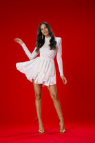 Gira Official-Beyaz Hologram Payetli Boğazlı Mini Elbise-Elbise-1-Milagron.com