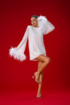 Gira Official-Beyaz Payetli Geniş Kollu Tüy Detaylı Elbise-Elbise-2-Milagron.com