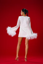 Gira Official-Beyaz Payetli Geniş Kollu Tüy Detaylı Elbise-Elbise-3-Milagron.com