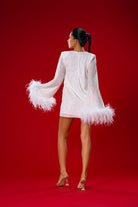 Gira Official-Beyaz Payetli Geniş Kollu Tüy Detaylı Elbise-Elbise-6-Milagron.com