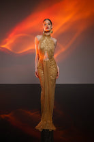 Gira Official-Gold Payetli Kuşak Detaylı Maxi Elbise-Elbise-2-Milagron.com