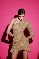 Gira Official-Gold Payetli Tek Omuz Elbise-Elbise-3-Milagron.com