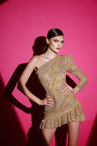 Gira Official-Gold Payetli Tek Omuz Elbise-Elbise-6-Milagron.com