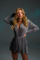 Gira Official-Gri Simli V Yaka Mini Elbise-Elbise-2-Milagron.com